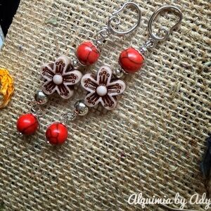 Red Turquoise Spring Earrings – Silver Floral & Marbled Drop